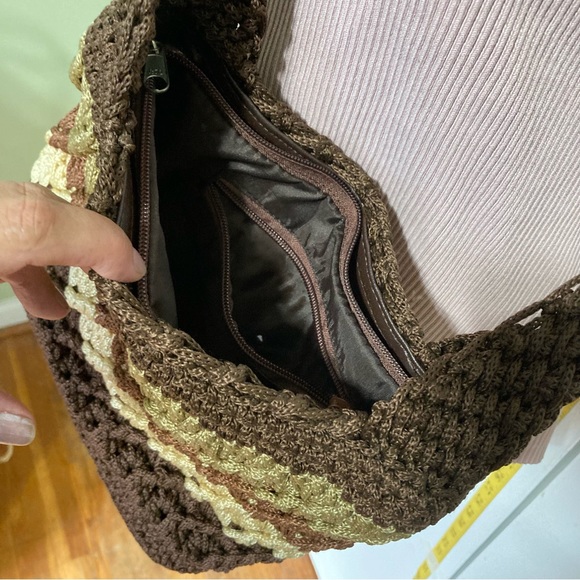 Scalloped BOHO Bohemian Shoulder Purse Bag Brown Cream Woven Neutrals - Picture 6 of 11
